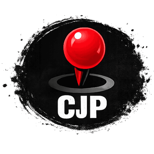 Completed Job Pin™ circular CJP logo with red pin and black paint-style background.